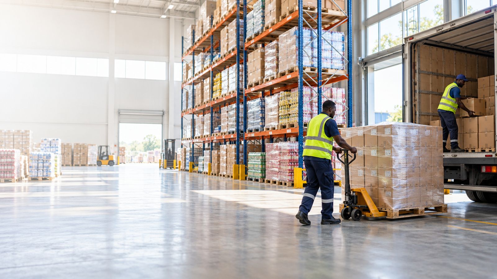 FMCG distribution warehouse in Africa with high racking of consumer goods and a worker pulling a pallet of cartons to a delivery truck.