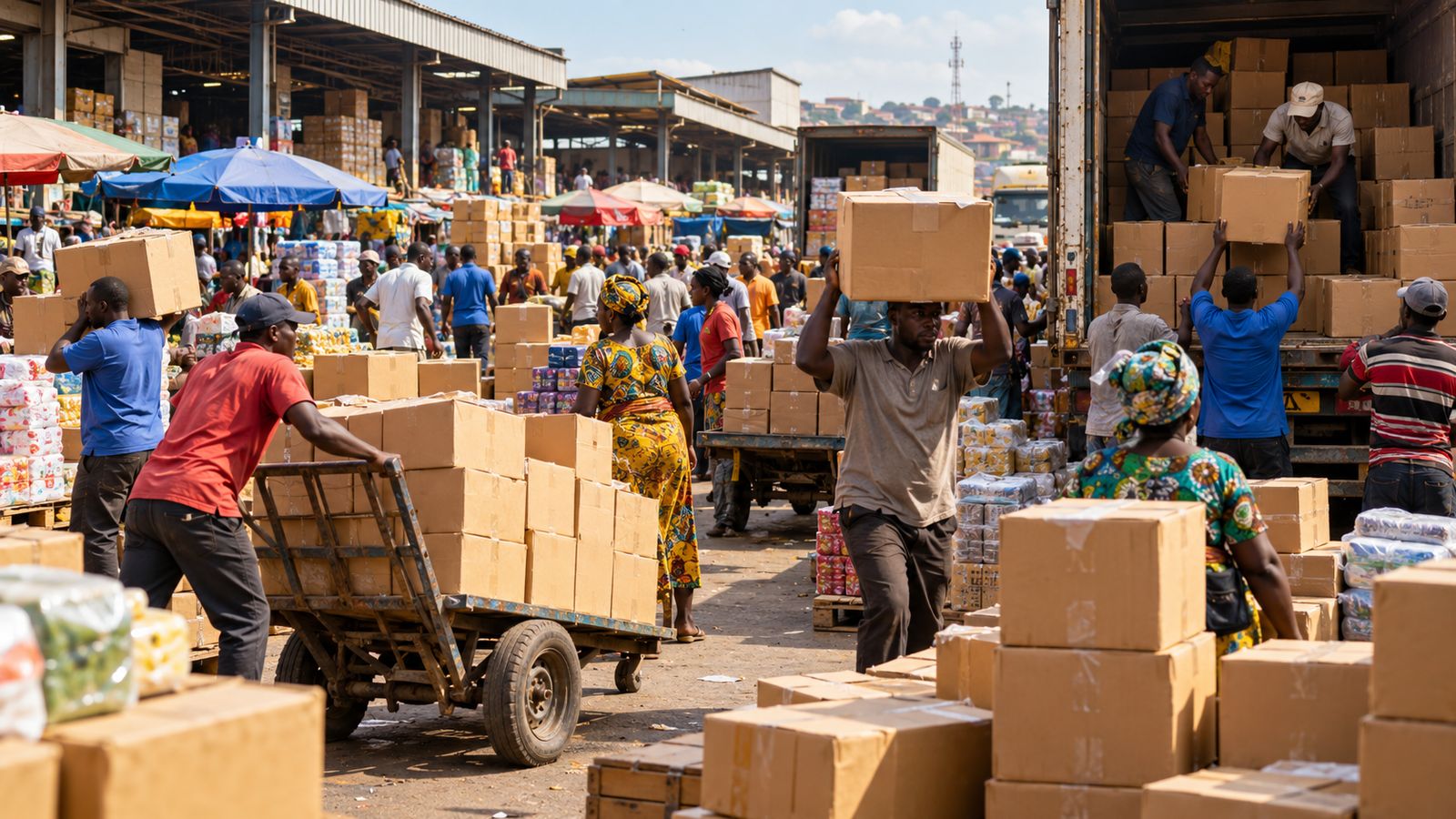 Open-air wholesale market in Africa with porters carrying cartons of packaged consumer goods off a truck and onto handcarts.